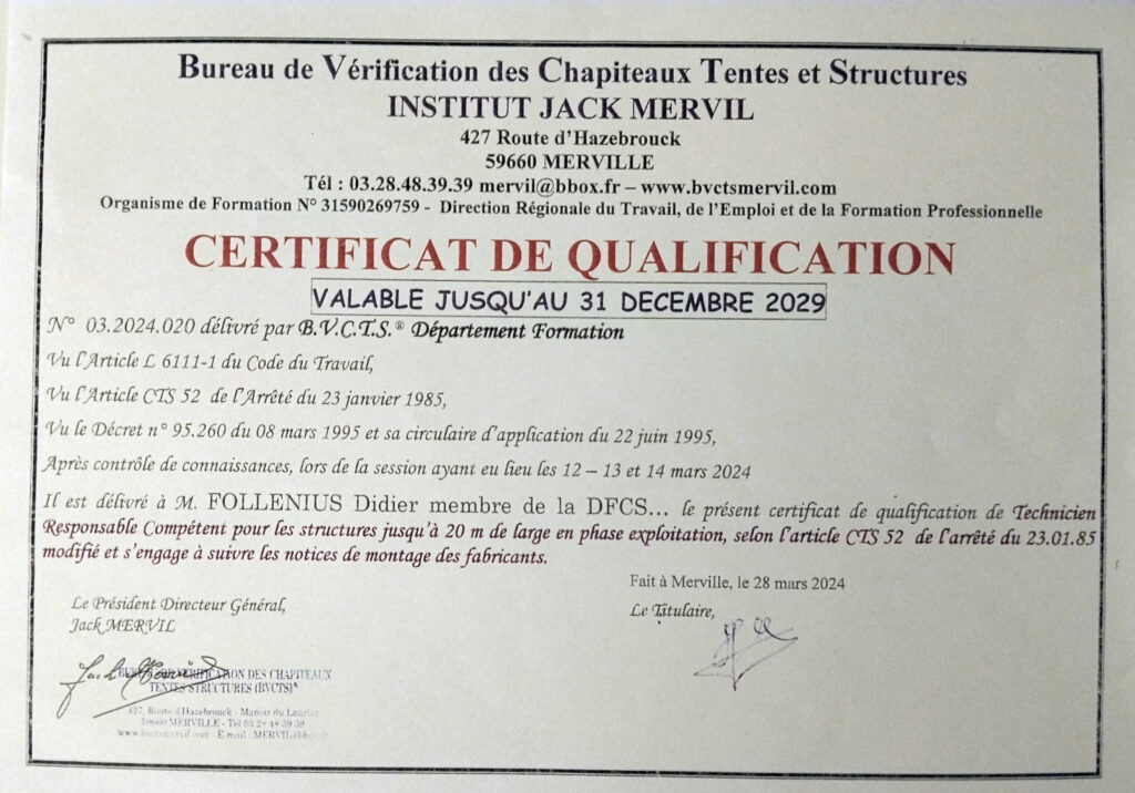 Certificat de Qualifications valable jusqu'au 31/12/2029